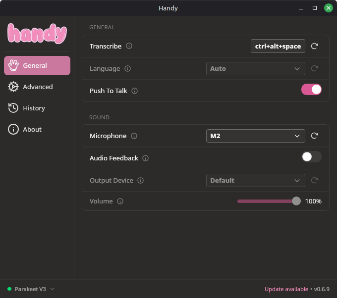 A screenshot of Handy start screen